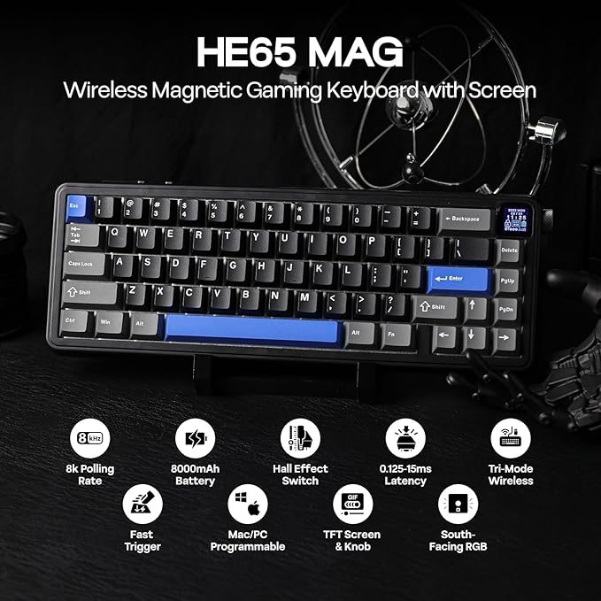EPOMAKER HE65 Mag Wireless Magnetic Keyboard with Knob and Screen, 8K Polling Rate in 2.4Ghz and Wired, Actuation-Adjustable Hall Effect Switch, 8000mAh Battery, Creamy Gasket-Mount (Black)