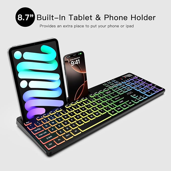AOC KB600 Wireless Keyboard with 7-Color RGB Backlit, 2.4GHz Full-Size Computer Keyboard with Phone Tablet Holder, Number Pad, 22 Multimedia Hotkeys, Rechargeable for Mac, Windows