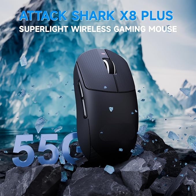 ATTACK SHARK X8 Plus Wireless Gaming Mouse,55g Ultra-Lightweight Wired/BT/2.4GHz Wireless Programmable Mouse,1K Polling Rate,PixArt PAW3395PRO Sensor,40K DPI,Gamer Mice for PC/Win/Mac/Big Hand(Black)