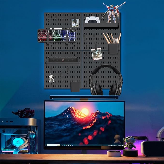 SHGJ&SOFT Peg Board Wall Organizer Panels, 22pcs - Includes 4 Black Pegboards & Accessories, Plastic Pegboard for Home，Office, Craft Room, Gaming Setup, 24″×24″, Wall Mount Display Pegboard Panel Kits