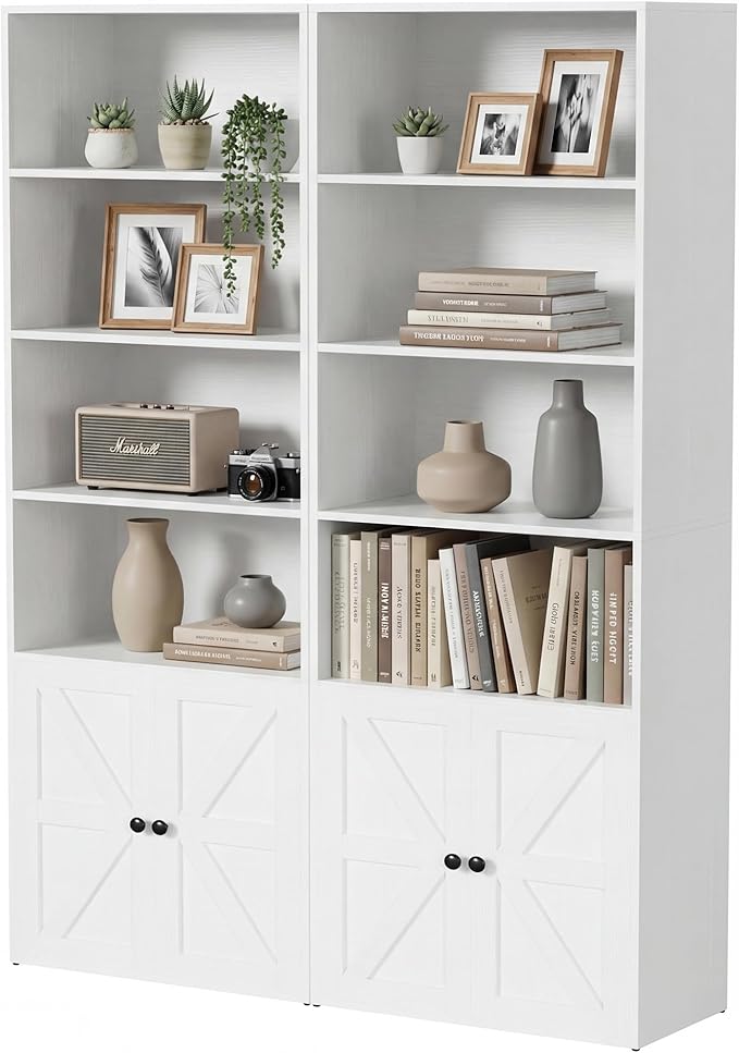 YESHOMY Farmhouse Bookshelf and Bookcase with Doors, Industrial Bookshelves and Bookcases Floor Standing Display 6-Tier Shelf Storage Shelves 71.5 inchs for Home Office, Living Room, White, 2 PCS