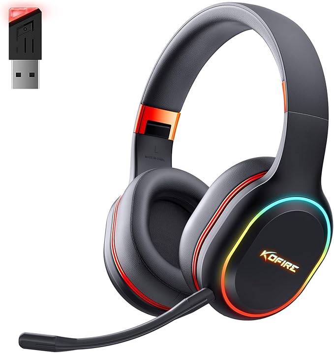 KOFIRE 2.4GHz/Wireless Gaming Headset, Bluetooth Gaming Headset for Nintendo Switch, PC, PS5, PS4, Vibration Feedback Over Ear Headphones with Noise Cancelling Mic, LED Light - Black