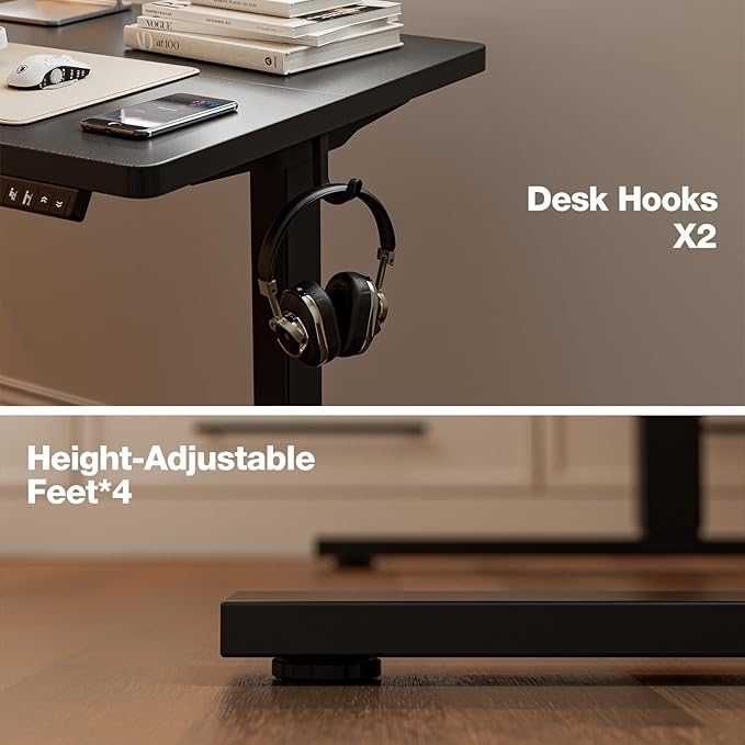 Grandder 47x32 Large Electric Standing Desk, Height Adjustable Computer Desk with 2 Memory Presets, 31.5" Deep Desktop Sit Stand Desk Home Office Desk Workstation Table with Hooks, Black