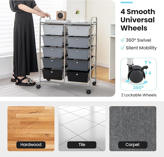 Moccha Rolling Storage Cart with 10 Drawers - Under Desk Cabinet on Wheels for Craft Art Supply Paper Salon, Scrapbook Paper Tools, Multipurpose Mobile Utility Cart for Classroom, Gradient Grey