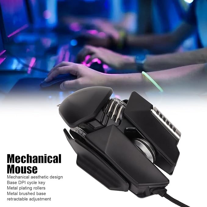 Gaming Mouse, 12800 DPI Mechanical Aesthetic Design Retractable Adjustment RGB Water Cooled Lighting Effect Wired Mouse Electroplated Rollers Metal Brushed Base PC Gaming Mice with Base DPI Cycle Key