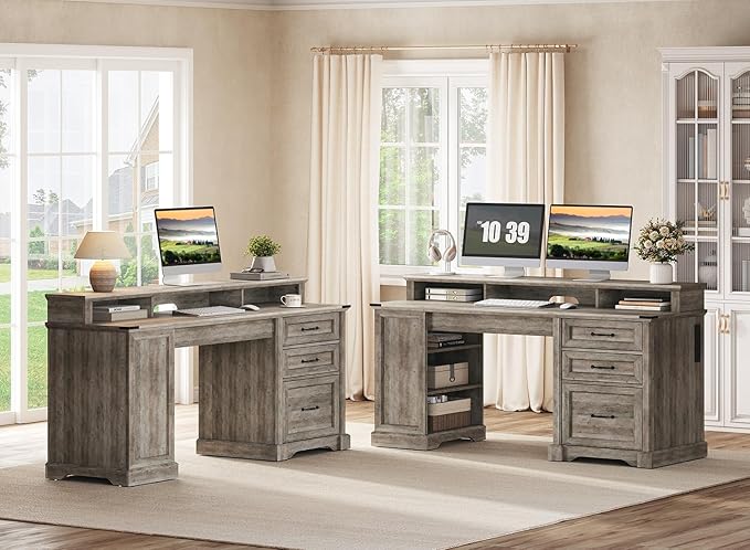 RALGEND 55'' Farmhouse Executive Desk with Drawers, Home Office Desk with File Cabinet and Storage Shelf, Charging Station, Computer Desk with Monitor Stand, Writing Gaming Desk, Greige