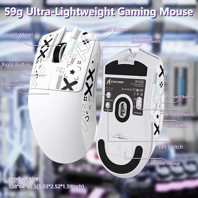 MAMBASNAKE Attack Shark X11SE Lightweight Wireless Gaming Mouse, Tri-Mode 2.4G/USB-C Wired/BT, 22K DPI, PAW3311 Optical Sensor, 59g, 5 Programmable Buttons, 300mAh Battery for PC/Mac((White-Griptape)