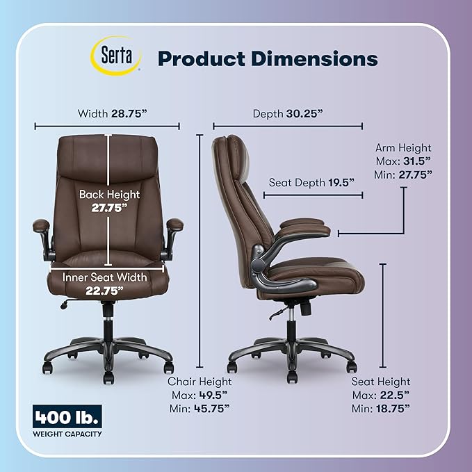 Serta Torrington Big & Tall Office Chair, with Flip-Up Padded Armrests, Ultra-Comfortable ComfortCoils Seat Cushion Technology, Modern Executive Premium PU Desk Chair, Dark Brown