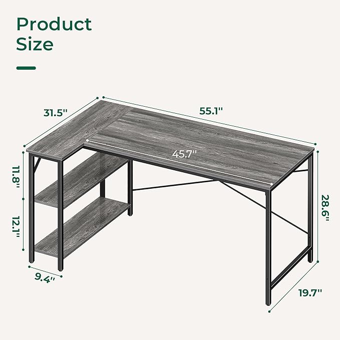 Huuger L Shaped Desk, 55 Inches Computer Desk with Reversible Storage Shelves, for Gaming Corner Home Office Writing Study, Metal Frame, Gray