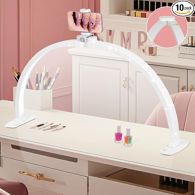 HITTI 29in Half Moon Light for Nail Desk, Foldable, 3 Color Modes & 10 Brightness, Phone Stand, Arch LED Nail Tech Table Lamp for Manicure Salon, Handicraft, Art, Eyelash Extension - White