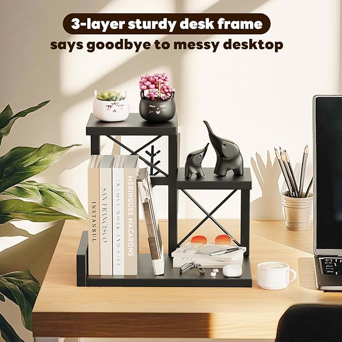 Abiglifty Desk Shelf Organizer, Wooden Desktop Organizers, 3 Tier Desk Hutch Small Bookshelf, Nightstand Organizer, Riser Display Stand for Office, Dorm, Home (Black)