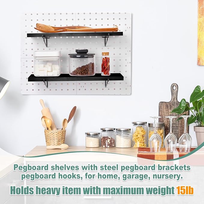Qunclay 8 Pack Pegboard Shelf Set Wooden Shelves with Metal Brackets Hook Wall Pegboard Shelving Heavy Duty Accessories for Crafts Home Office Garage Workbench(Black)