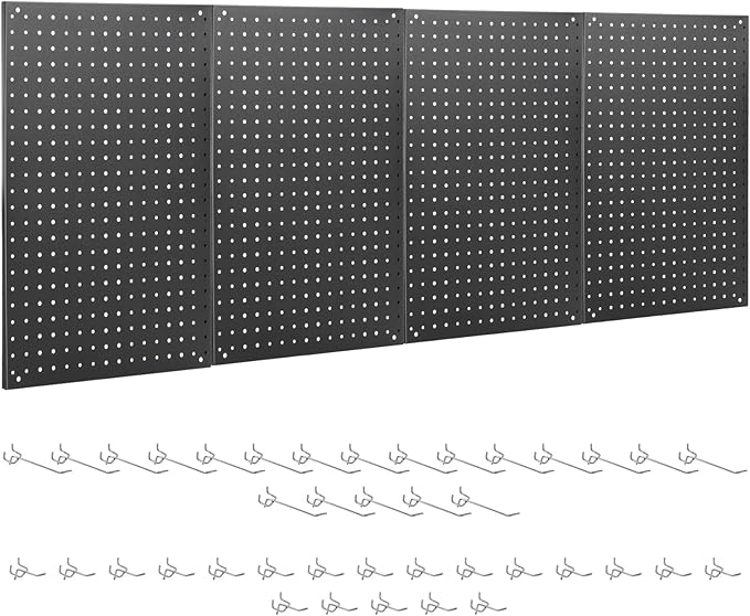 ENJOYWOOD Pegboard, 4 PCS 24"×16" Metal Peg Board Panels Black Modular Wall Organizer Kit with 40 Hooks, Dual-Size Hole Design for Home Tool Storage, Garage Organization, Kitchen, Office, Craft Room