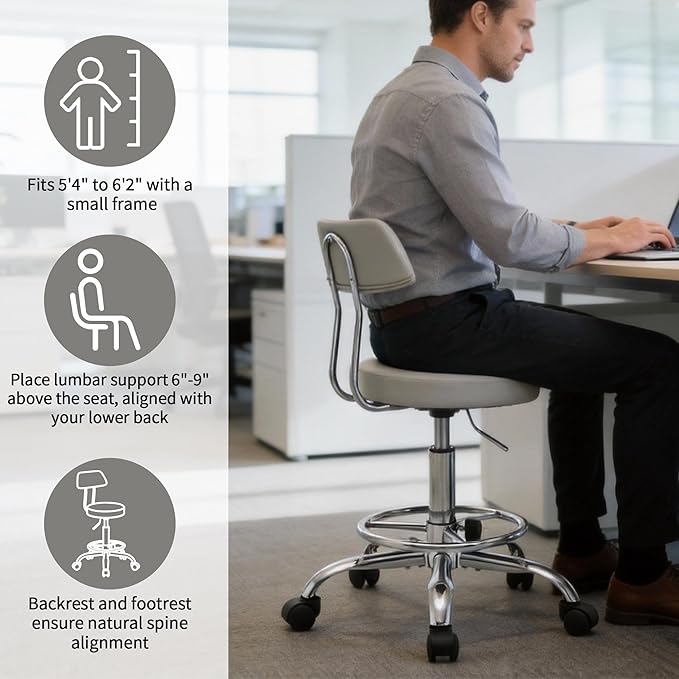 FIRAVOE Drafting Stool (Height Adjustable Office Chair with Footrest 19.5"-26.6")(Drum Stool with Back) Space Saving Tattoo Chair (Gray)