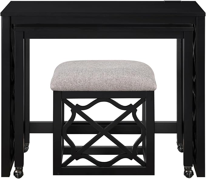 Desks and Stool Set 3pc White Finish Rolling Desk with Casters, 2 Charging Ports Home Office Furniture(Black)