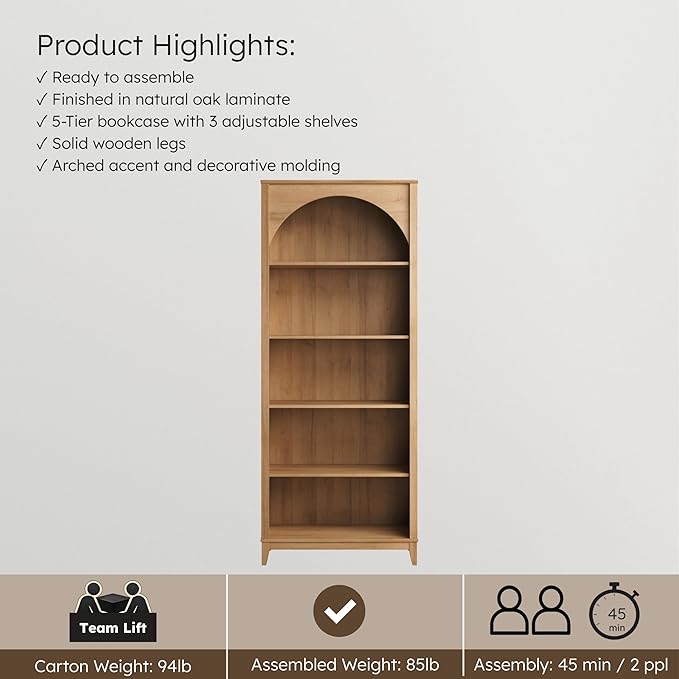Prepac Ark 78" Tall 5-Tier Arched Bookcase in Natural Oak Veneer, Modern Storage Accent Bookshelf with 3 Adjustable Shelves for Home, Office, Living Room, Bedroom 78”H x 32”W x 13”D