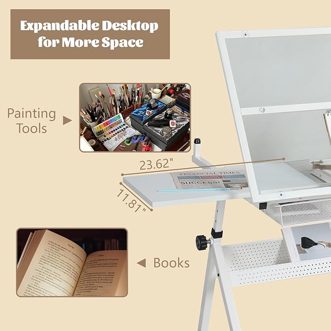 White Drafting Table Desk w/Stool, Painting Table Art Craft Desk Crafting Table with Tilting Tempered Glass Top, 2 Storage Drawers, Height Adjustable