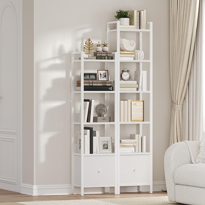 MAHANCRIS Bookshelf, 6-Tier Bookcase with Drawer, Small Book Shelf for Small Space, Storage Shelf Organizer, for Living Room, Bedroom, Study, Kitchen, White BKWT66101