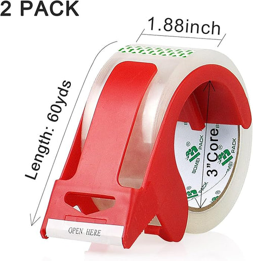 BOMEI PACK Heavy Duty Clear Packing Tape,2 Rolls with refillable Dispenser,Noiseless Packaging Tape 1.88 Inches x 55 Yards,Industrial Grade Boxes Shipping Tape for Moving,Mailing and Storages