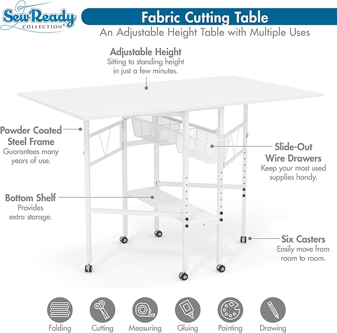 Sew Ready Folding Sewing Craft Table with Storage, Adjustable Height Cutting Desk with Drawers and Wheels for Quilting, Fabric, and Hobby Room, White