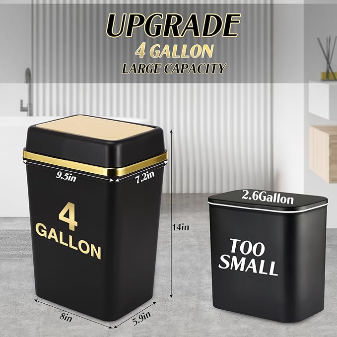 Bathroom Trash Can with Lid 4 Gallon Trash Can with Swing Lid Small Garbage Can Black Bathroom Trash Can with 300 Counts Trash Bags for Kitchen Bedroom Office Dorm