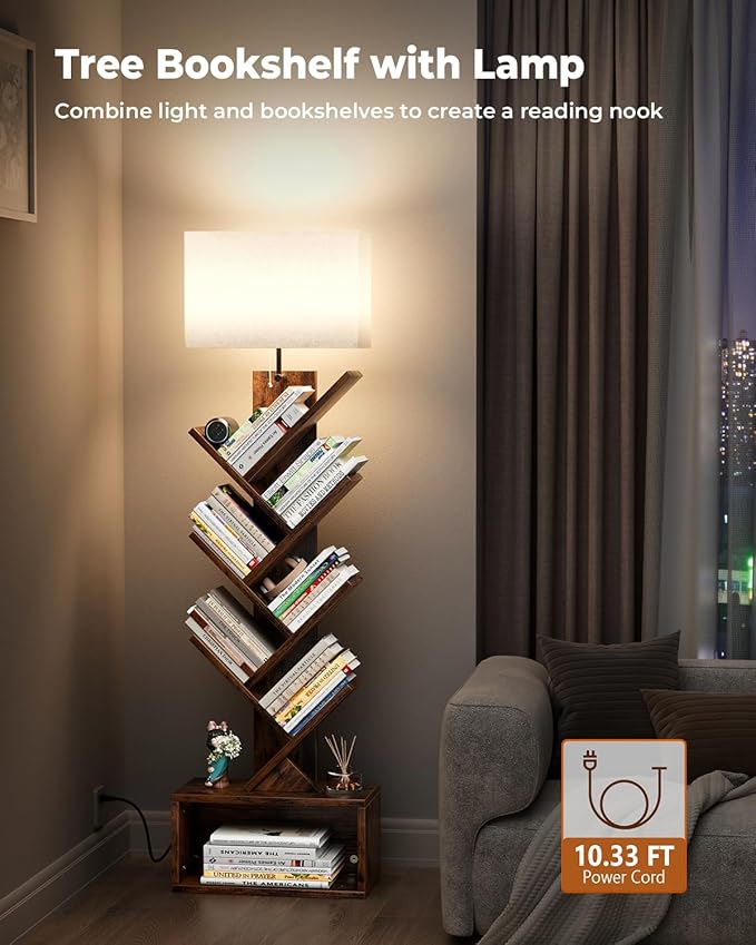 Evermagin 6 Tier Tree Bookshelf with Smart Light, Small Bookcase Tower with Remote Control, Tall Floor Standing Book Organizer for Living Room, Bedroom & Home Office, Rustic Brown