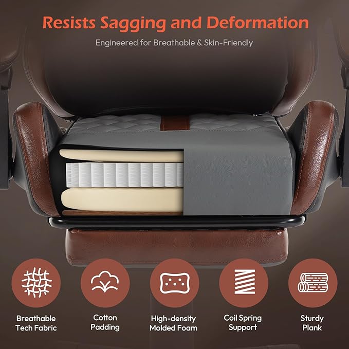 Ergonomic Gaming Chair for Adults with Footrest - PU Leather Computer Gamer Chair with Memory Foam Headrest & Lumbar Pillow, Reclining Silla Gamer Video Game Chair for Home Office, Black & Grey