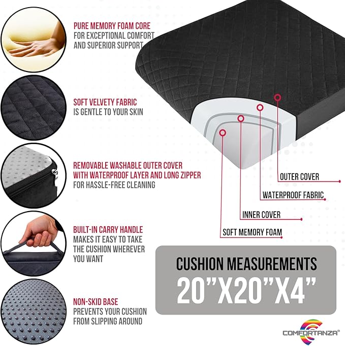 Medium-Soft 20x20x4 Memory Foam Recliner Chair Seat Cushion for Long Sitting - Armchair Pad with Washable Velvety Cover with Waterproof Layer & Non-Slip Base for Seniors & Elderly - Black