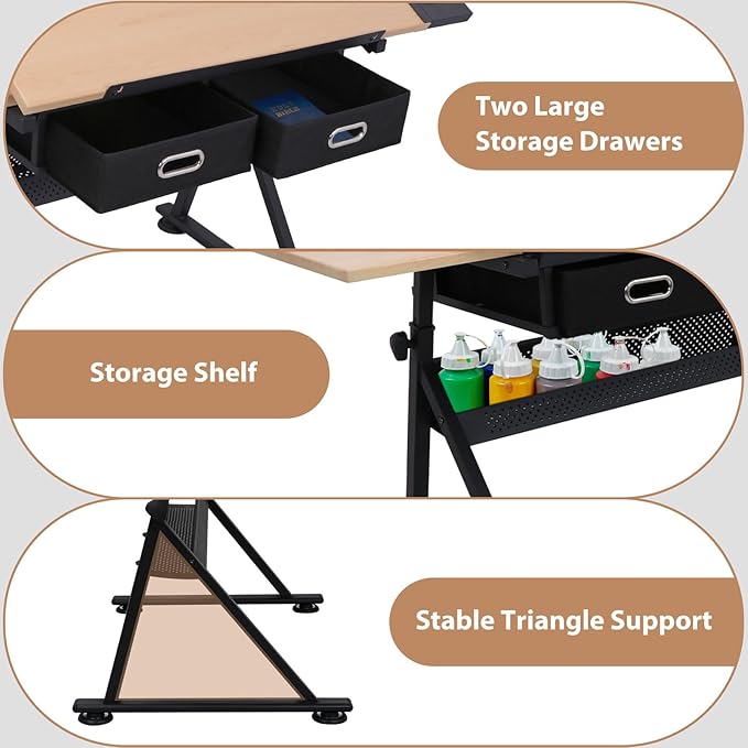 JupiterForce Drafting Table Art Desk with 2 Storage Drawers, Height Adjustable Drawing Table for Painters, Working, Writing, Home Office, Natural
