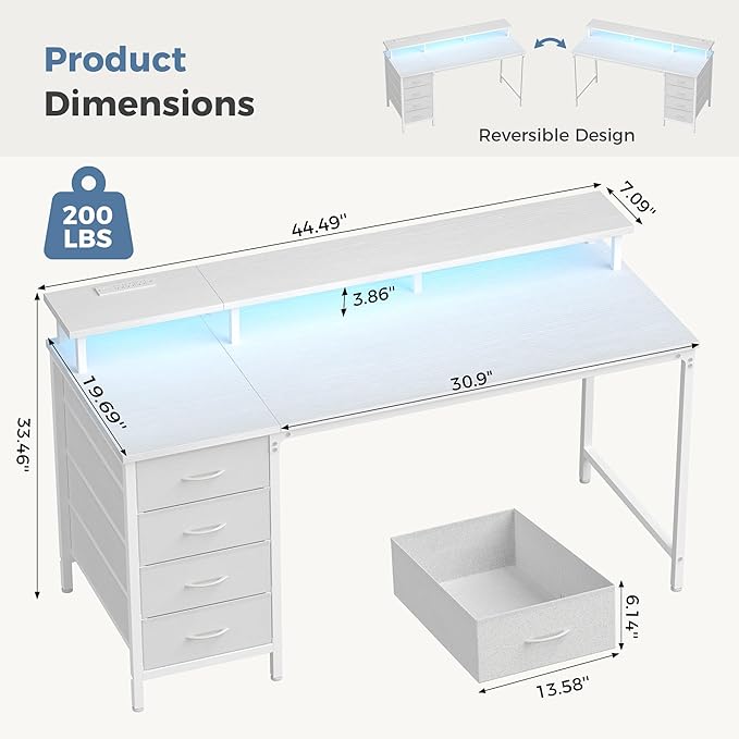 DUMOS 47 Inch Computer Desk with 4 Drawers,4 Drawer Gaming Desk with Power Outlets and LED Lights,Office Desk for Small Spaces with Monitor Shelf,Writing Desk for Home Office,Bedroom, Study,White