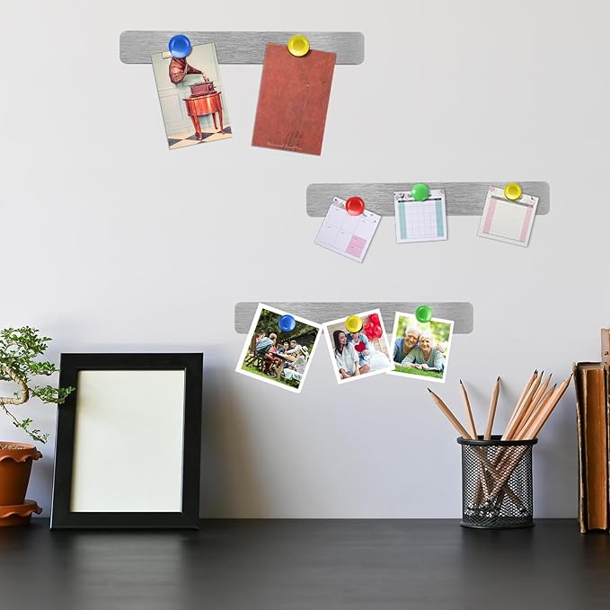 18 Pcs Magnetic Bulletin Board Strips Frameless Stainless Iron Board Strip with Colorful Magnet Self Adhesive Memo Strip for for Office Home Wall Photo (Silver)