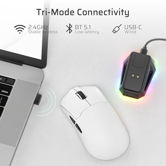 LTC GM022 Ultralight 3-Mode Wireless Gaming Mouse with RGB Charging Dock, PAW3395 26K DPI Sensor, 55G Lightweight Ergonomic Bluetooth Gaming Mouse, 5 Programmable Buttons, 80 Million Click Switch