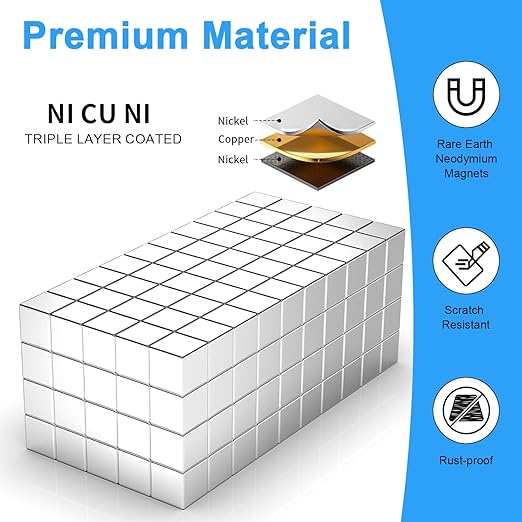 200 Pack 5x5x5 mm Cube Rare Earth Neodymium Magnets, Powerful Small Strong Metal Rectangular Bar Magnetic Strip Magnet for Fridge Garage Kitchen Science Craft Office, Silver