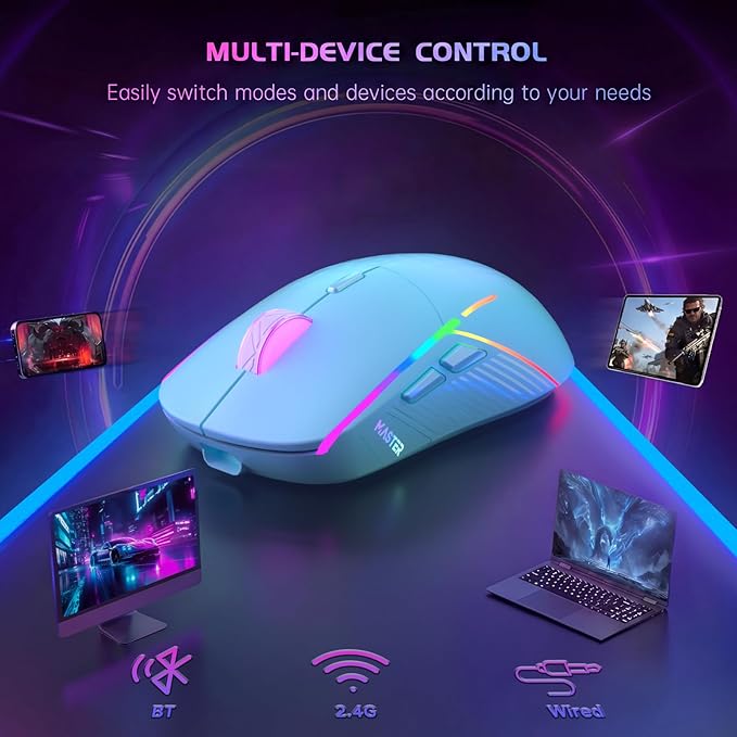 FFJ Wireless Gaming Mouse, 24000 DPI, Tri-Mode 2.4G/USB-C/Bluetooth 5.3 Gaming Mouse Wireless, RGB Programmable Mouse Gamer, 75Hrs Battery Life, Rechargeable Gaming Mice for PC, Mac, PS5, Xbox - Mint
