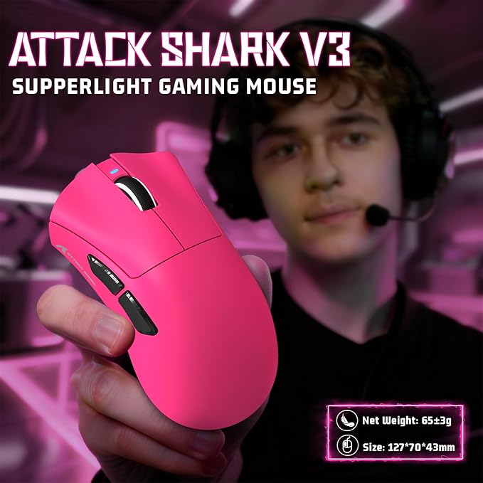 ATTACK SHARK V3 Ultra-Light Wireless Gaming Mouse,PAW3311 Sensor, 500mAh, 62g, 25KDPI 2.4G/BT/USB-C Rechargeable Wireless Mouse with 5 Programmable Buttons for Laptop,PC,Mac Gamer (Berry Red)