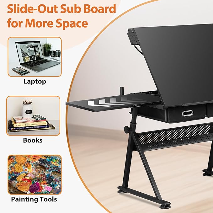 Drafting Table Drawing Desk w/Power Outlet, Art&Craft Work Station Height Adjustable Tilting Tabletop Craft Table Desk w/Stool and 2 Storage Drawers for Home Office, Black