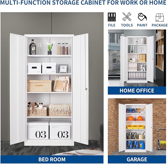 Fesbos Metal Storage Cabinet-71” Tall Steel File Cabinets with Lockable Doors and Adjustable Shelves-White Steel Storage Cabinet for Home, School, Office, Garage