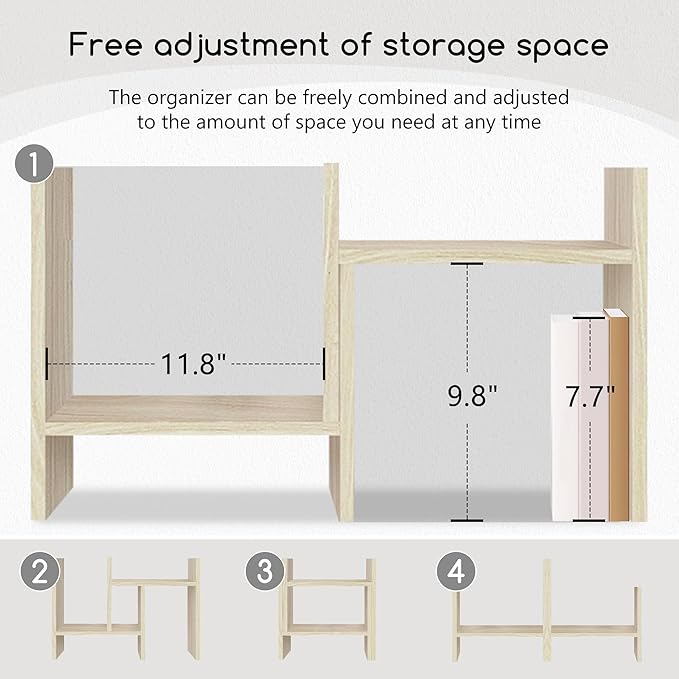 Jerry & Maggie Desktop Organizer Office Storage Rack Adjustable Wood Display Shelf Free Style Double H, Multi-Functional Mini Bookshelf for Desk Natural Stand (White Wood Tone/2 Pack)