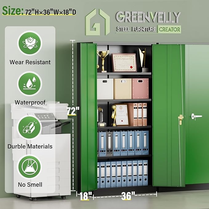 Greenvelly Metal Storage Cabinet, 72" Steel Garage Cabinet with Doors and Adjustable Shelves, Metal Cabinet with Lock,Tall Metal Office Storage Cabinet for Garage,Home Office,School (Black Green)