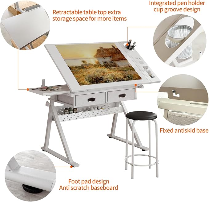 Drafting Table, Height Adjustable Drawing Table Art Table with Stool, 0-75° Tilted Tabletop Artist Desk Painting Table with Storage for Home Office School, Type 4-All White