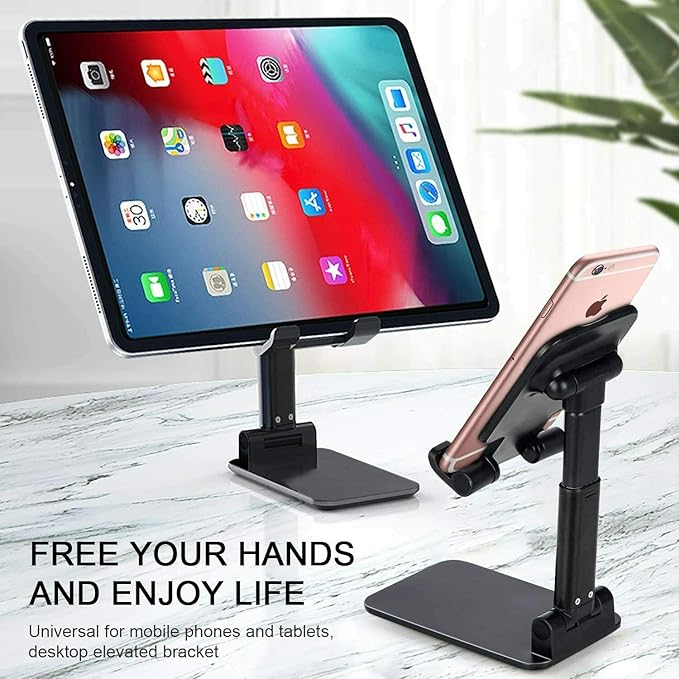 Cell Phone Tablet Stand Mount Fully Foldable Dock Holder Cradle Charger Station Desk Room Office School Kitchen Travel Portable Adjustable Multi-Angle Non-Slip Durable Stable (Black)