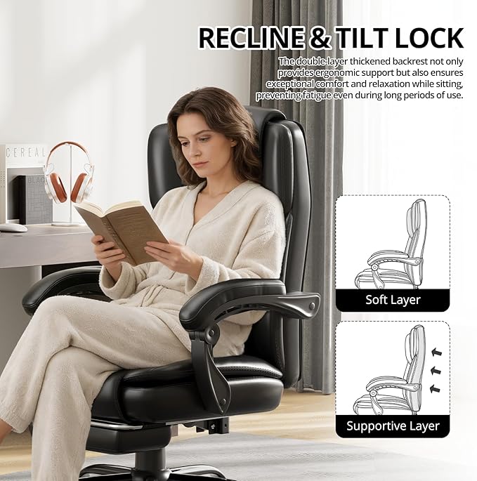 350lbs Big and Tall Executive Office Chair with Footrest, Reclining High Back Leather Desk Chair, Wide Seat with Pocket Spring Lumbar Support and Pillow, Ergonomic Computer Chair for Home Office