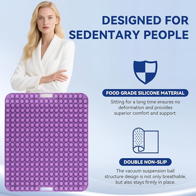 Purple Silicone Seat Cushion for Long Sitting Hours on Office & Home Chair, with 3D Non-Slip for Office Chair Cushions, Car Seats, Airplane Seat, Wheelchair Seat Cushions,Long Trips