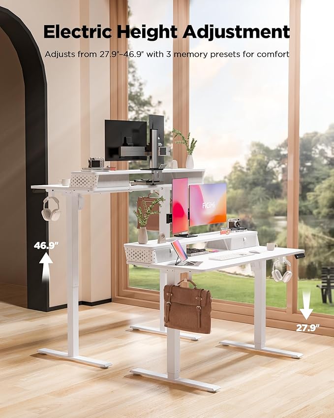 FiCiHi 48x24 Inch Standing Desk with Drawers, C-Clamp Mount Compatible, Electric Adjustable Height Computer Stand Up Desks, Home Office Sit Stand Table with 3 Preset Heights, White