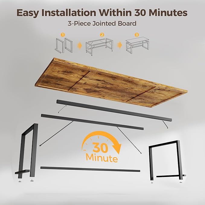 Mericonia 63 Inch Large Computer Desk, 1" Thick Heavy Duty Industrial Office Desk, Modern Simple Study Writing Table for Home Office Bedroom Workstation, Brown