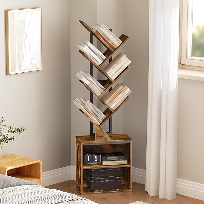 RALGEND Tree Bookshelf, 6 Tier Bookcase with 2 Storage Racks, Free Standing Tall Wooden Bookcase, Floor Standing Book Shelf Organizer for Living Room, Bedroom, Study, Home Office, Rustic Brown
