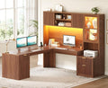 SEDETA 67" x 65" L Shaped Desk with Hutch, RGB LED Corner Computer Desk with Power Outlets, Fluted Home Office Desk with File Drawer, Storage & Glass Display Cabinets for Gaming & Working, Brown