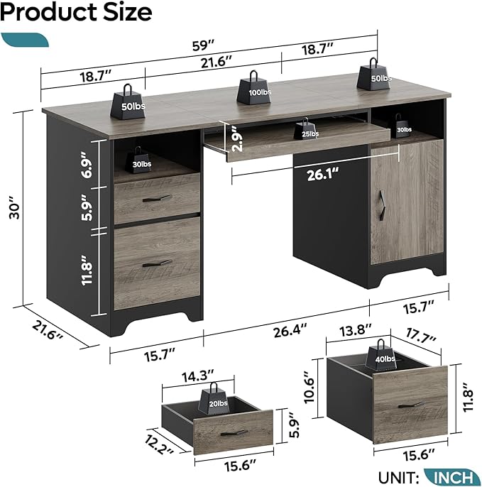 Bestier 59” Executive Desk with 2 Drawers, Computer Desk with Storage Cabinet, Industrial Wood Desk with File Drawer, Keyboard Tray & 2 Pedestals for Home Office & Studio, Gray