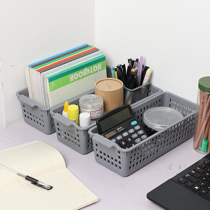 Anbers Gray Small Plastic Storage Basket, Narrow Baskets for Desktop Organizing, 4 Pack