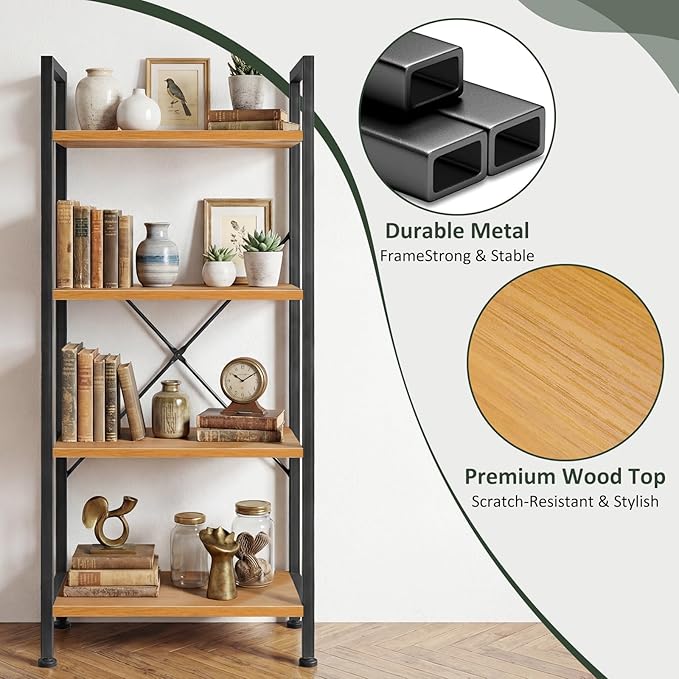 4 Tier Bookshelf, Free Standing Wooden Bookcase with Open Storage Shelves with Metal Frame, Sturdy Shelf Organization Display Rack for Living Room, Bedroom, Home Office, 39.4" Tall, Wood